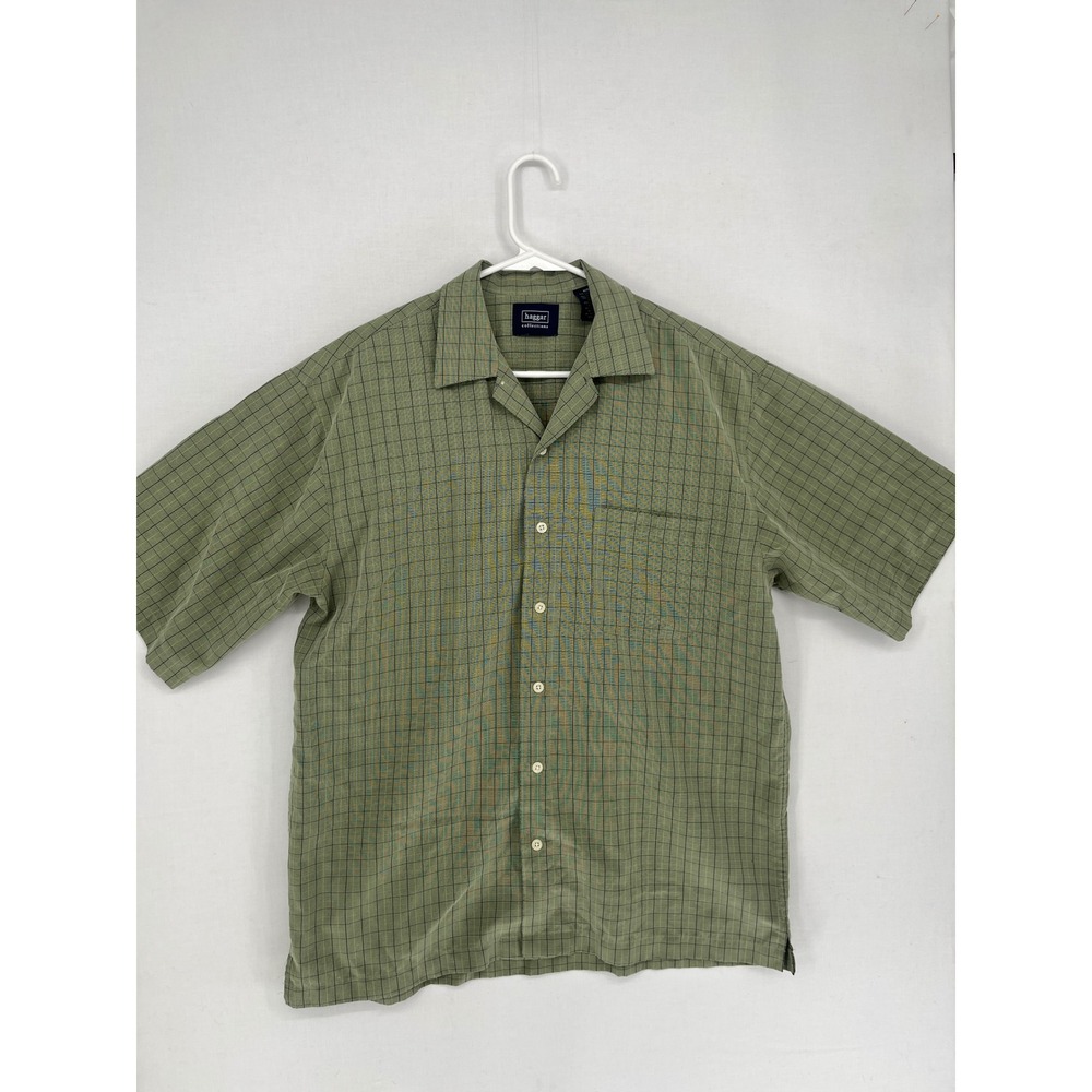 Haggar Collections Mens Medium Sage Green Grid Short Sleeve Button Down Shirt M